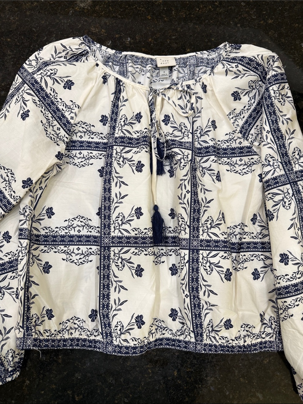 a new day White Peasant Blouse with Navy Floral Grid